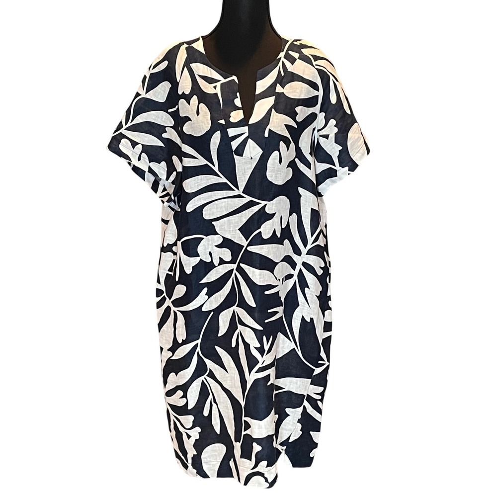 Elie Tahari Womens Navy White Linen Tropical Leaf Print Shift Dress M Lagenlook